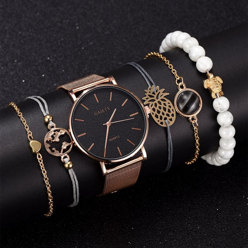 6pcs Set Japan Quartz Movement High Quality Women Stainless Steel Mesh Rose Gold Waterproof Ladies Watch Dropshipping